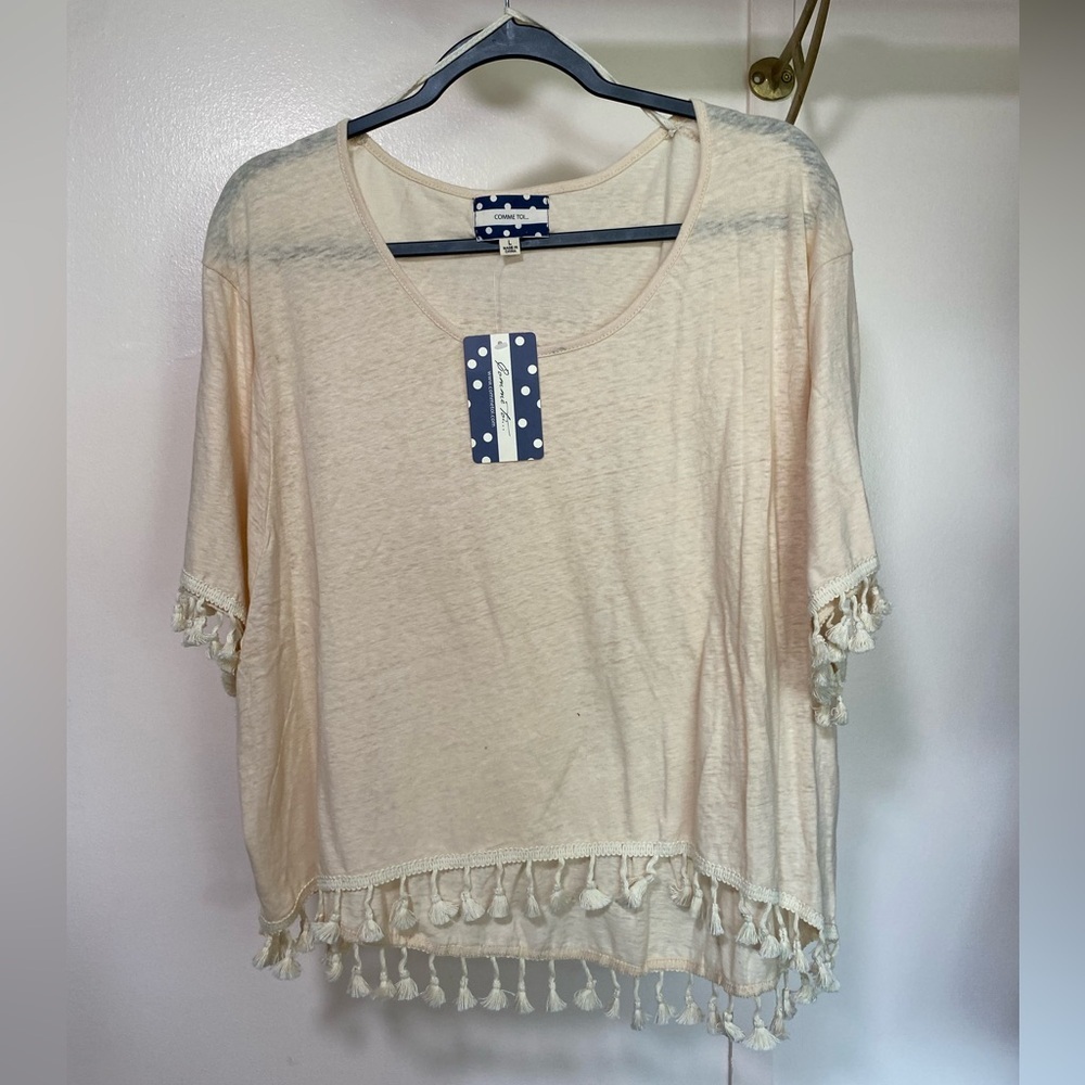 COMME TOI Cream Relaxed Boxy 3/4 Sleeve Blouse 50%cotton 50%linen